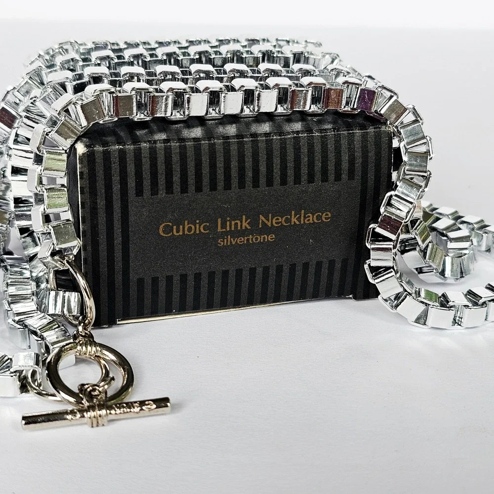 NIB Set of 3 90's Cubic Link Necklace Silvertone Toggle Box Chain Industrial Y2K